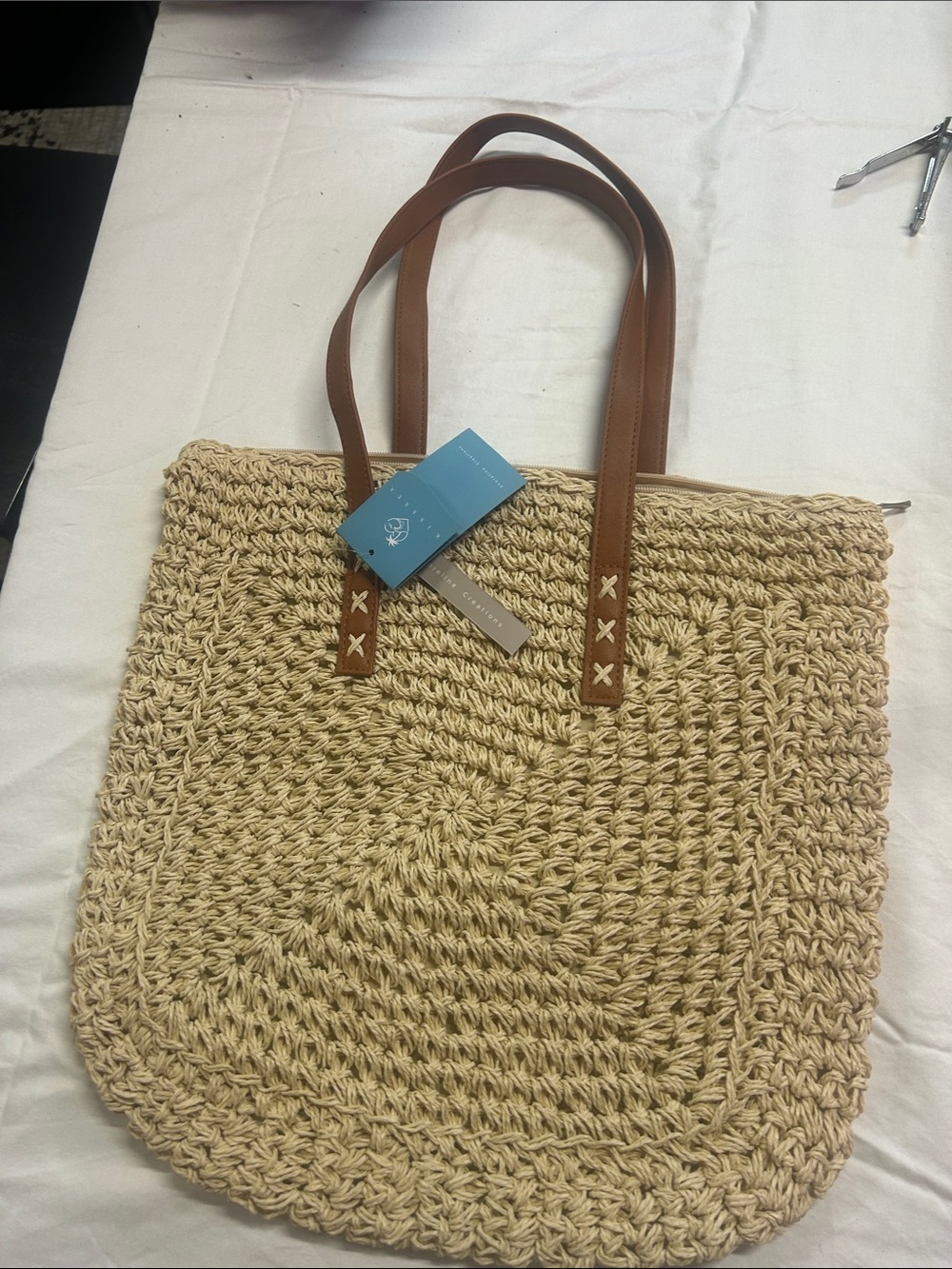 Natural Beige Woven Tote with Brown Handles
